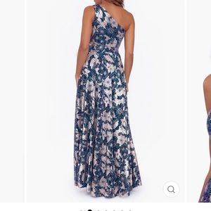 Betsy and Adam one shoulder teal and gold dress.